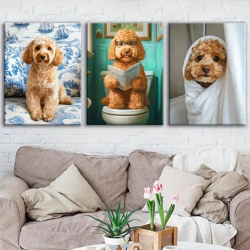 3pcs Cute Dogs Toilet Brawny Blue & White Green Wall Art Set Canvas Unframed - High Quality Print 100% Australian Made Wall Canvas - Bella Home Decor