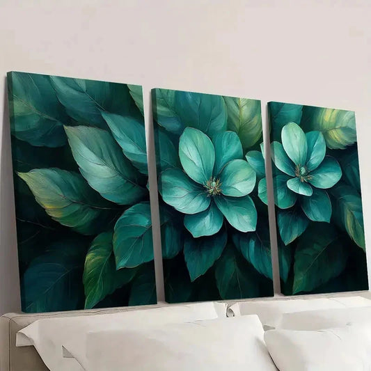 3pcs Green Floral Teal & Blue Flowers FG Wall Art Set Canvas Framed 50x70cm - High Quality Print 100% Australian Made Wall Canvas Ready to Hang