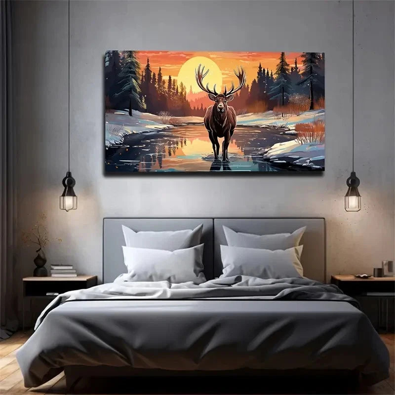 Vivid Elk Winter Scene Wall Art Canvas Office Home Room Framed 120x60cm