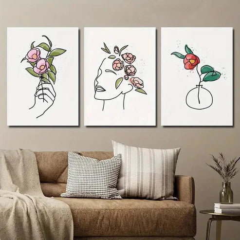3pcs Floral Poster with Human Face And Hands Wall Art Canvas Unframed - High Quality Print 100% Australian Made Wall Canvas