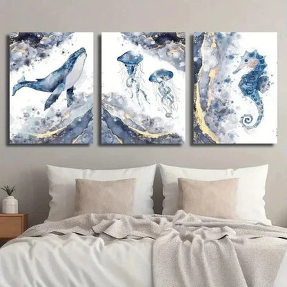 3pcs Blue & Golden Whale Jellyfish Seahorse Wall Art Set Canvas Unframed - High Quality Print 100% Australian Made Wall Canvas - Bella Home Decor