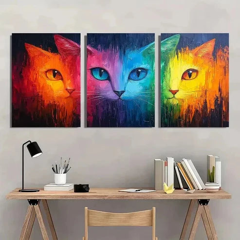 3pcs Vibrant Cat Colorful Abstract Decor Wall Art Canvas Unframed - High Quality Print 100% Australian Made Wall Canvas