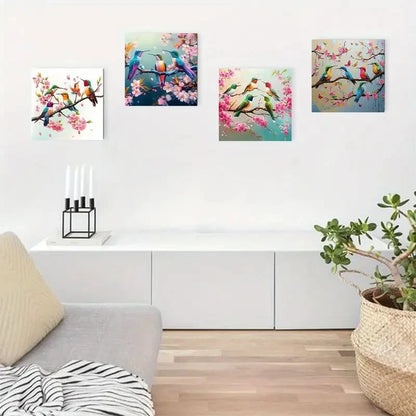 4pcs Vibrant Hummingbirds With Cherry Blossoms Wall Art Canvas Framed
