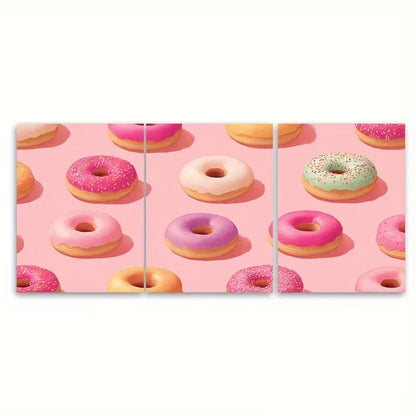 3pcs Pink Donut Kitchen Retro Breakfast Wall Art Set Canvas Framed 50x70cm - High Quality Print 100% Australian Made Wall Canvas Ready to Hang