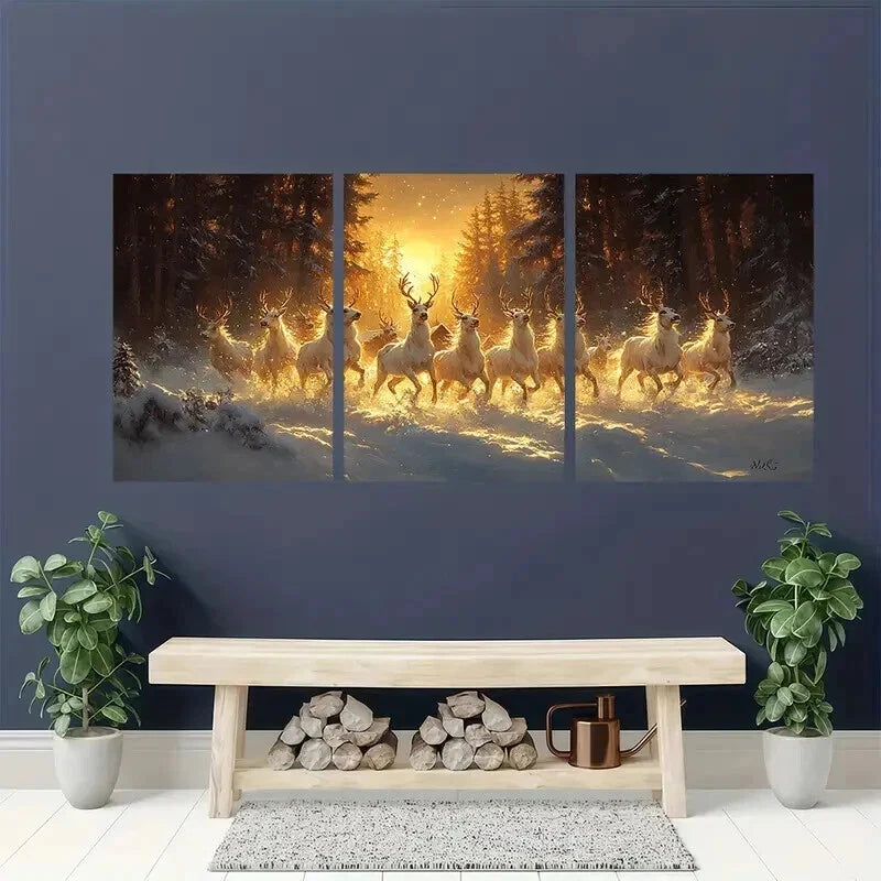 3pcs Charming Winter Village with Snow Deer Wall Art Set Canvas Framed 60x90cm - High Quality Print 100% Australian Made Wall Canvas Ready to Hang - Bella Home Decor