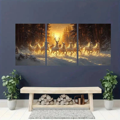 3pcs Charming Winter Village with Snow Deer Wall Art Set Canvas Framed 60x90cm - High Quality Print 100% Australian Made Wall Canvas Ready to Hang - Bella Home Decor