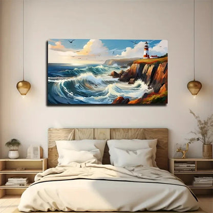 Coastal Lighthouse & Rough Sea Wall Art Canvas Office Home Room Framed 120x60cm