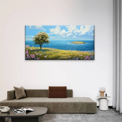 Trees Hill Overlooking Ccean Wall Art Canvas Office Home Room Framed 120x60cm