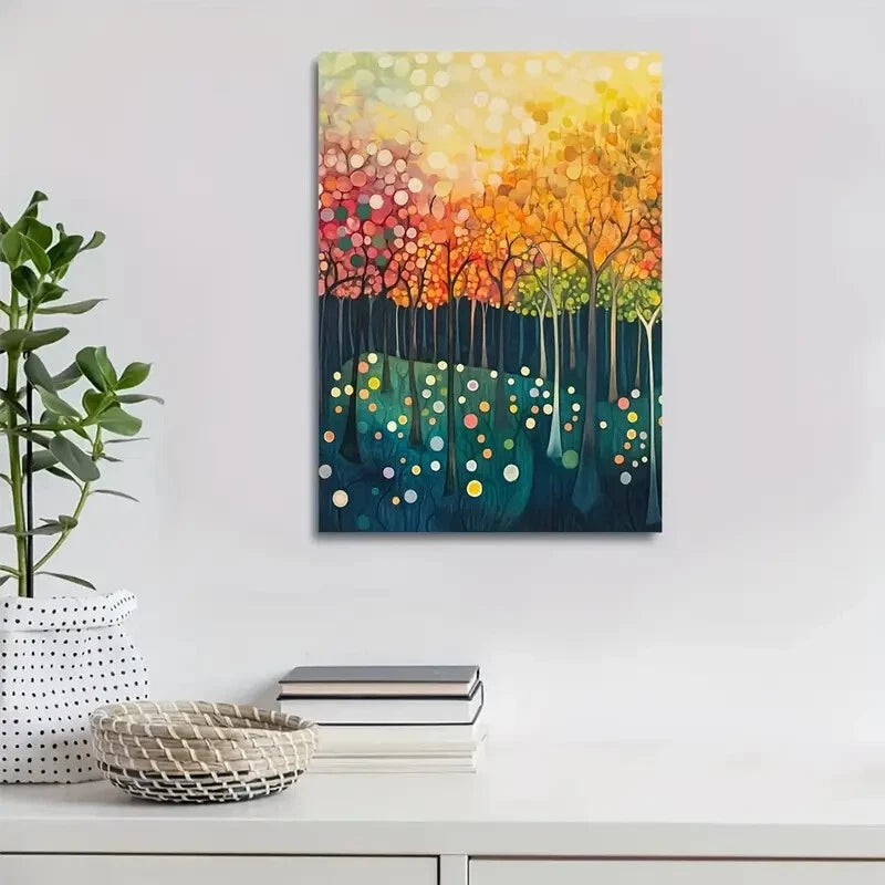Lush Pear Tree Scene in Warm Orange & Red Painting 40x60cm Metal Print Ready to Hang - Bella Home Decor