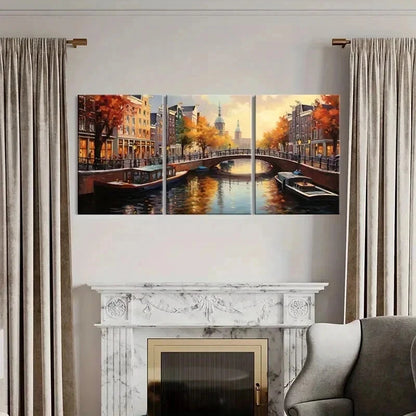 3pcs Autumn Canal Bridge Architecture Wall Art Set Canvas Framed 40x60cm - High Quality Print 100% Australian Made Wall Canvas Ready to Hang - Bella Home Decor