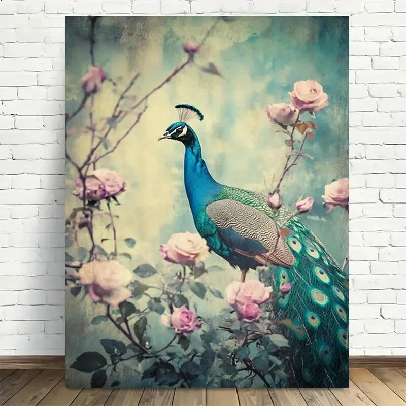Beautiful Peacock Garden Modern Vintage Painting 40x60cm Metal Print Ready to Hang - Bella Home Decor