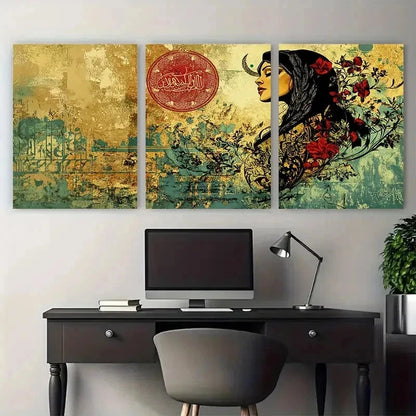 3pcs Floral Motifs Vintage Persian Girl Perfect Wall Art Set Canvas Framed 50x70cm - High Quality Print 100% Australian Made Wall Canvas Ready to Hang