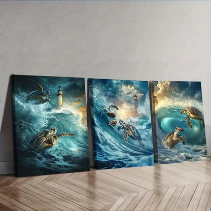 3pcs Two Turtles Surfing, Luxurious Wall Art Set Canvas Framed 60x90cm - High Quality Print 100% Australian Made Wall Canvas Ready to Hang - Bella Home Decor