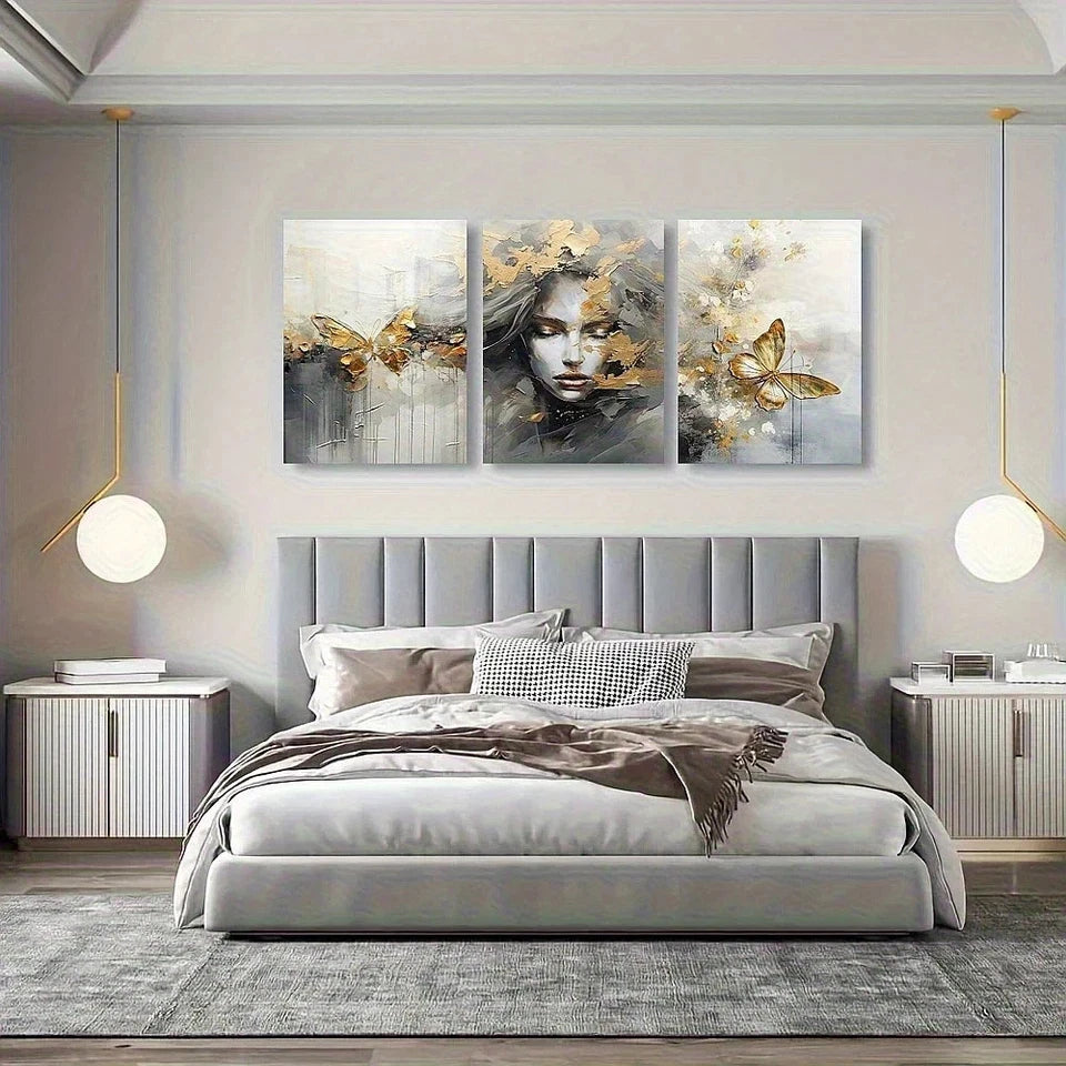 3pcs Abstract Female with Butterfly Oil Painting Metal Print Ready to Hang Art - Bella Home Decor