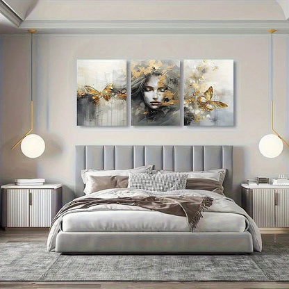 3pcs Abstract Female with Butterfly Oil Painting Metal Print Ready to Hang Art - Bella Home Decor