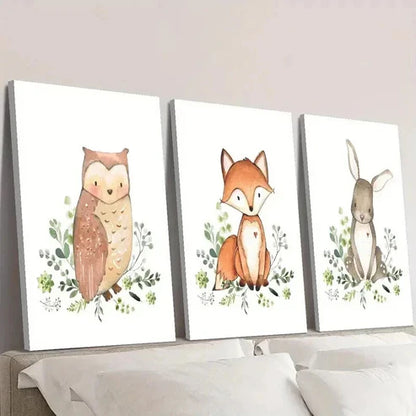 3pcs Cute Owl Fox and Rabbit Decoration  Wall Art Set Canvas Unframed - High Quality Print 100% Australian Made Wall Canvas - Bella Home Decor