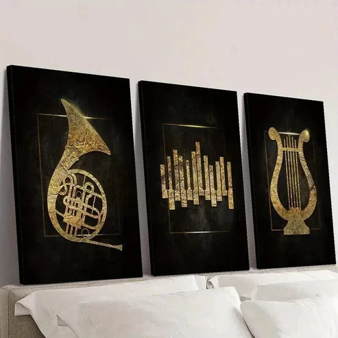 3pcs Golden Music Logos on Black Background Wall Art Canvas Unframed - High Quality Print 100% Australian Made Wall Canvas - Bella Home Decor