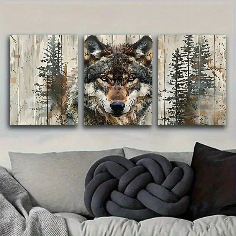 3pcs Forest Wolf Portrait with Camouflage Wall Art Set Canvas Framed 50x70cm - High Quality Print 100% Australian Made Wall Canvas Ready to Hang - Bella Home Decor