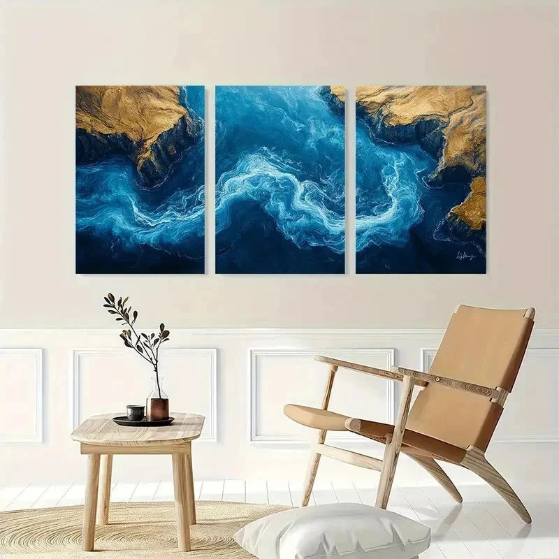 3pcs Navy Blue Golden Black & White Perfect Wall Art Set Canvas Framed 50x70cm - High Quality Print 100% Australian Made Wall Canvas Ready to Hang