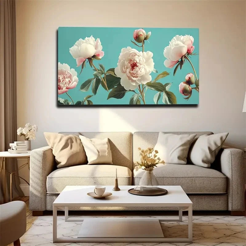 White Peony Petals On Teal Wall Art canvas office home room framed 120x60cm