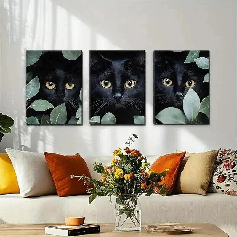 3pcs Mysterious Black Cat Feline Eyes Perfect Wall Art Set Canvas Framed 60x90cm - High Quality Print 100% Australian Made Wall Canvas Ready to Hang - Bella Home Decor