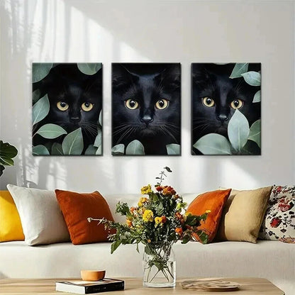 3pcs Mysterious Black Cat Feline Eyes Perfect Wall Art Set Canvas Framed 60x90cm - High Quality Print 100% Australian Made Wall Canvas Ready to Hang - Bella Home Decor