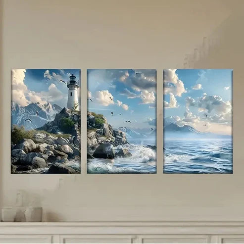 3pcs a lighthouse on a rocky shore with birds Wall Art Set Canvas Unframed - High Quality Print 100% Australian Made Wall Canvas - Bella Home Decor