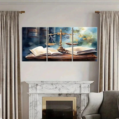 3pcs Golden Scales & Open Books Lawyers Office Wall Art Set Canvas Framed 50x70cm - High Quality Print 100% Australian Made Wall Canvas Ready to Hang - Bella Home Decor