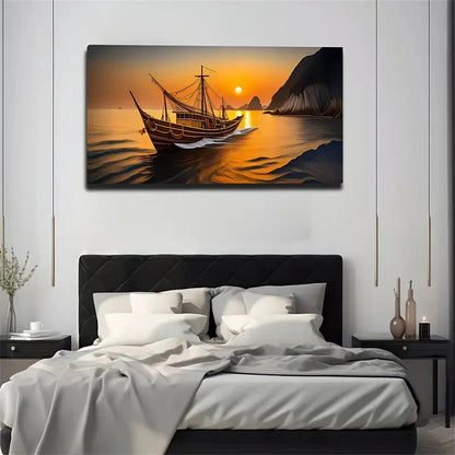 Ancient Ships Romantic Sunsets Wall Art Canvas Office Home Room Framed 120x60cm