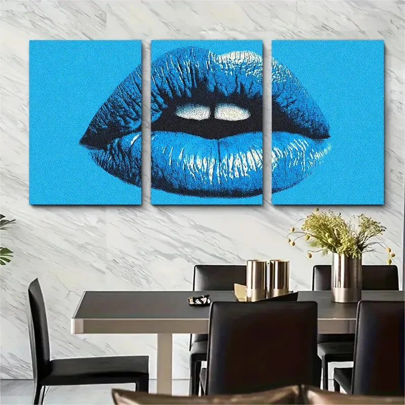3pcs Blue Kiss Lips Retro Coquette Perfect Wall Art Set Canvas Framed 60x90cm - High Quality Print 100% Australian Made Wall Canvas Ready to Hang - Bella Home Decor