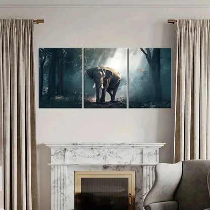 3pcs Elephant in Enchanted Forest Landscape Wall Art Set Canvas Framed 50x70cm - High Quality Print 100% Australian Made Wall Canvas Ready to Hang