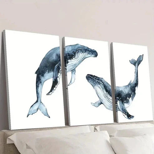 3pcs Blue Nautical Marine Life Whale Decor Wall Art Set Canvas Unframed - High Quality Print 100% Australian Made Wall Canvas - Bella Home Decor