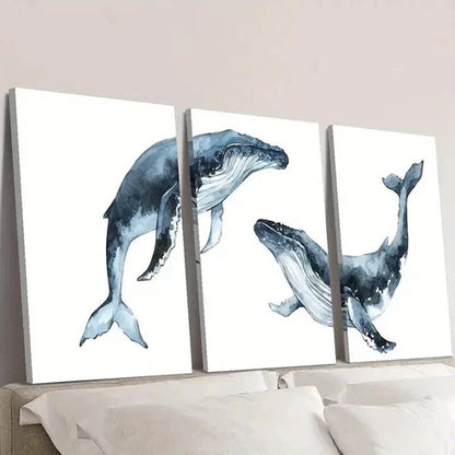 3pcs Blue Nautical Marine Life Whale Decor Wall Art Set Canvas Unframed - High Quality Print 100% Australian Made Wall Canvas - Bella Home Decor