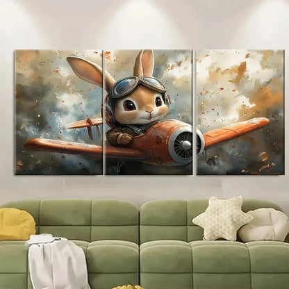 3pcs Cartoon Pilot Bunny Rabbit Plane Watercolour Metal Print Ready to Hang Art - Bella Home Decor