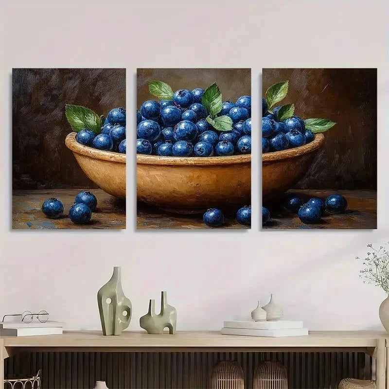 3pcs Blueberry Wooden Bowl Vibrant Perfect Wall Art Set Canvas Framed 50x70cm - High Quality Print 100% Australian Made Wall Canvas Ready to Hang - Bella Home Decor