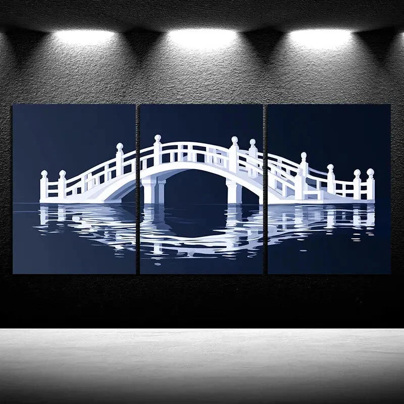 3pcs Arch Bridge Reflection Blue Themed Metal Print Ready to Hang Art - Bella Home Decor