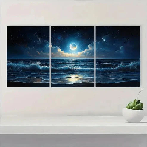 3pcs Midnight Ocean Seascapey SF Wall Art Set Canvas Unframed - High Quality Print 100% Australian Made Wall Canvas - Bella Home Decor