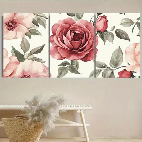 3pcs Pink Roses & Peonies with Green Leaves Wall Art Set Canvas Unframed - High Quality Print 100% Australian Made Wall Canvas - Bella Home Decor