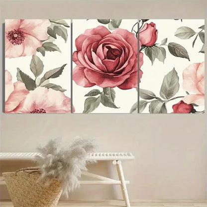 3pcs Pink Roses & Peonies with Green Leaves Wall Art Set Canvas Unframed - High Quality Print 100% Australian Made Wall Canvas - Bella Home Decor