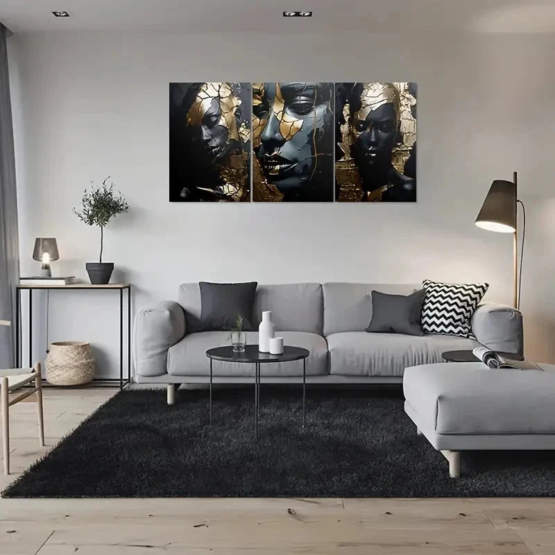3pcs Golden and Black Cracked Face Metal Print Ready to Hang Art - Bella Home Decor