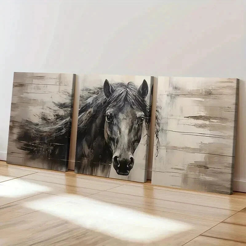 3pcs Vintage Animal Art Dark Horse Farmhouse  Wall Art Set Canvas Framed 50x70cm - High Quality Print 100% Australian Made Wall Canvas Ready to Hang - Bella Home Decor
