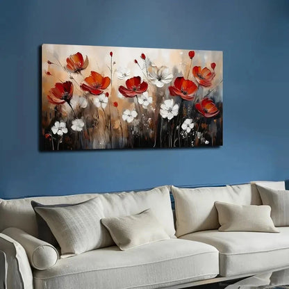 Vibrant Red & White Floral Wall Art canvas office home room framed 120x60cm - Bella Home Decor