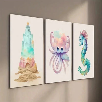 3pcs Sandstone Castle Octopus Seahorse Wall Art Set Canvas Unframed - High Quality Print 100% Australian Made Wall Canvas