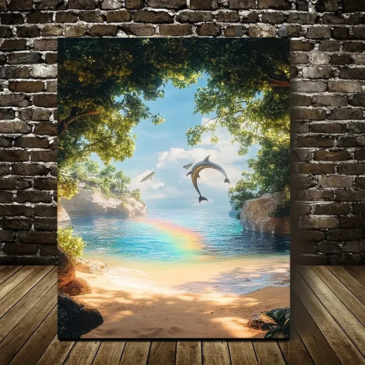 Steampunk Dolphin Swing Beach Scene Painting 40x60cm Metal Print Ready to Hang - Bella Home Decor