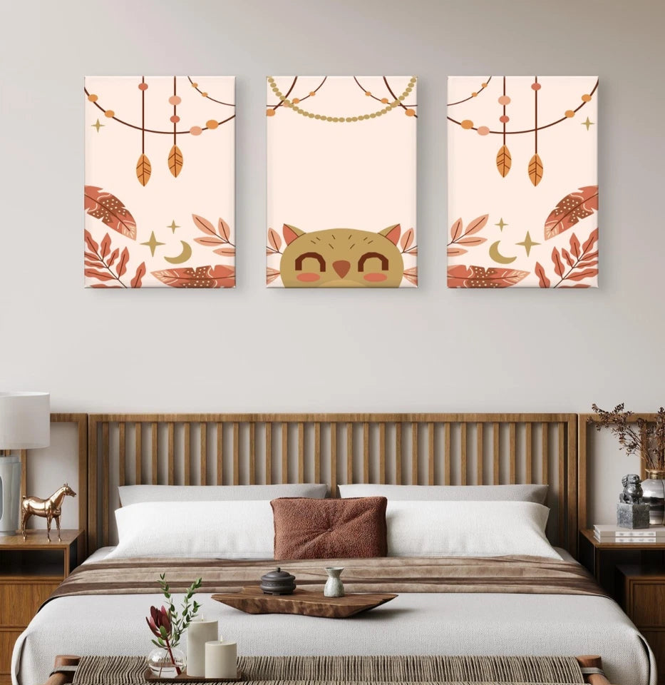 3pcs Boho Cute Owl and Feathers Playful Kids Wall Art Set Canvas Framed 50x70cm - High Quality Print 100% Australian Made Wall Canvas Ready to Hang