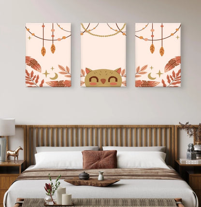 3pcs Boho Cute Owl and Feathers Playful Kids Wall Art Set Canvas Framed 50x70cm - High Quality Print 100% Australian Made Wall Canvas Ready to Hang