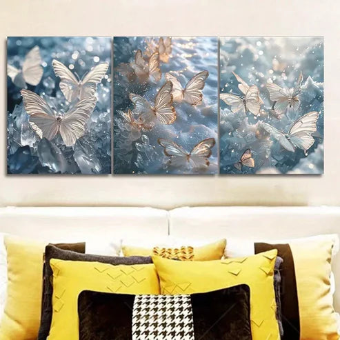3 PCS Glittering Butterflies Over Water Wall Art Set Canvas Unframed - High Quality Print 100% Australian Made Wall Canvas - Bella Home Decor