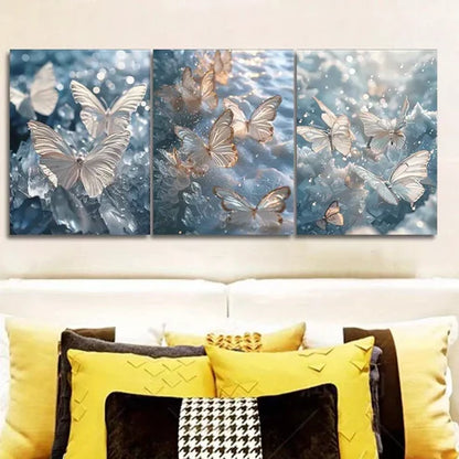 3 PCS Glittering Butterflies Over Water Wall Art Set Canvas Unframed - High Quality Print 100% Australian Made Wall Canvas - Bella Home Decor