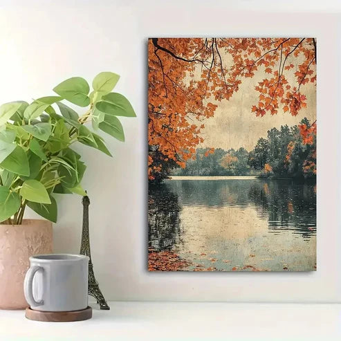 Beautiful Foliage Serene Lake Scene Painting 60x90cm Metal Print Ready to Hang