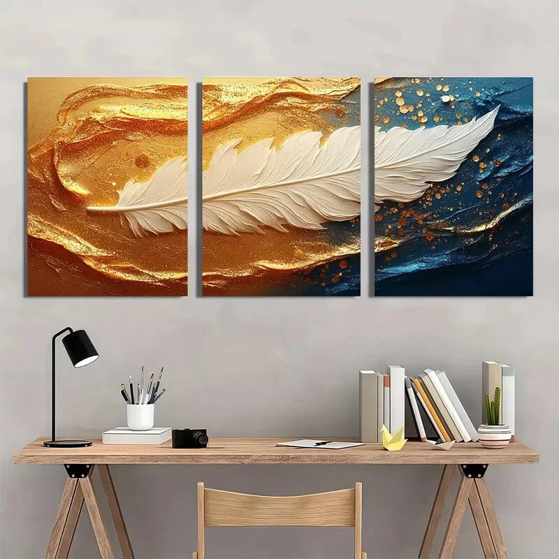 3pcs Modern Abstract White and Golden Wings Metal Print Ready to Hang Art - Bella Home Decor